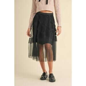 Frill Mesh Tulle Midi Skirt Black